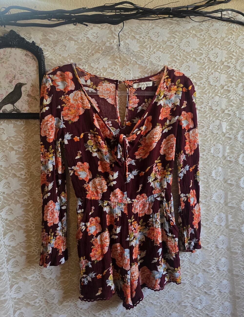 Boho Burgundy Floral Long Sleeve Tie-Front Romper - Size [XS]
